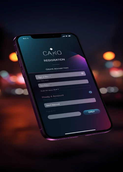 Een illustratie van het registratieformulier van Justbit Casino op een mobiel apparaat, met lege invulvelden en de welkomstbonus als achtergrond.